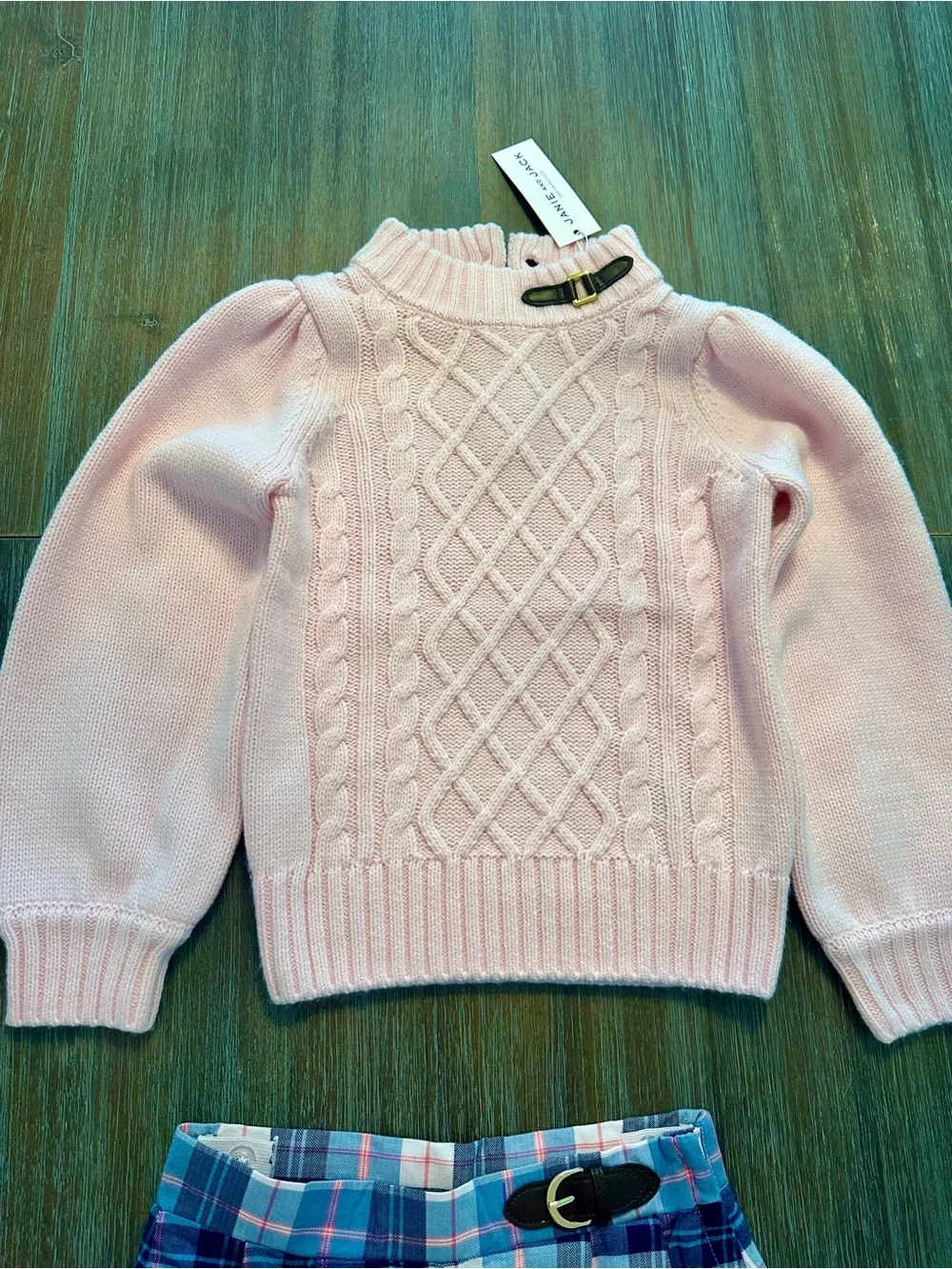 Janie and Jack Pink Cable-Knit Sweater with Blue Plaid Skirt Set
